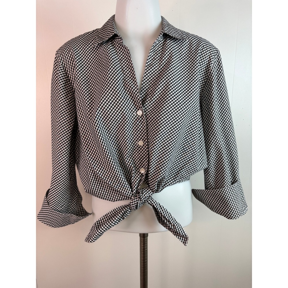Talbots Button Front Shirt Medium Black Gingham Tie Front 3/4 Sleeve Top Women
